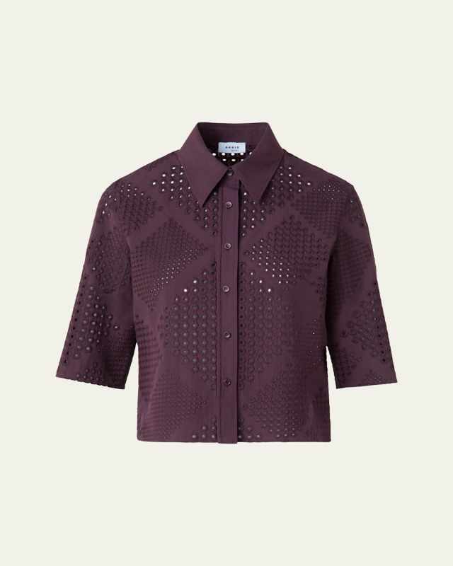 Diamond Eyelet Cropped Cotton Poplin Blouse